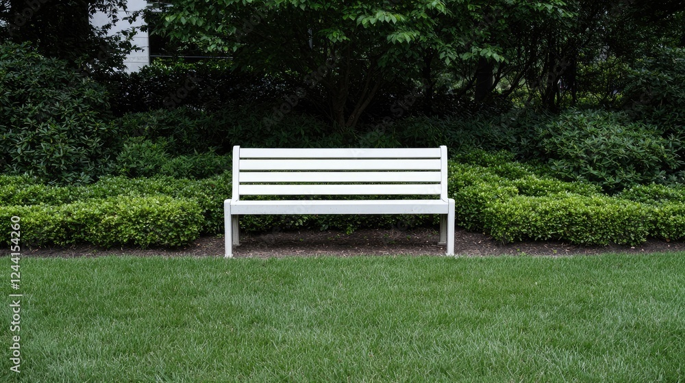 White bench in lush garden, peaceful scene, tranquility White bench in lush garden, peaceful scene, tranquility