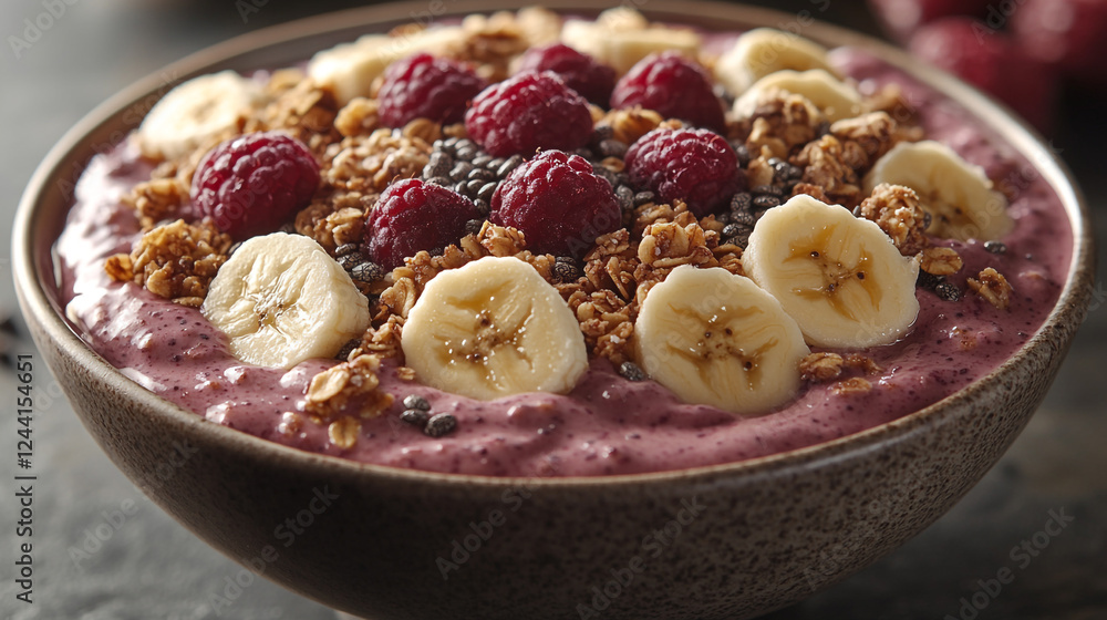 Delicious smoothie bowl topped with fresh fruits and granola for a healthy breakfast Delicious smoothie bowl topped with fresh fruits and granola for a healthy breakfast
