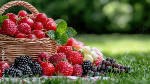 Summer picnic basket with berries and fruit on grass