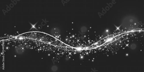  Shiny white glowing wave with sparkling particles on dark background, elegant abstract light effect for digital design.