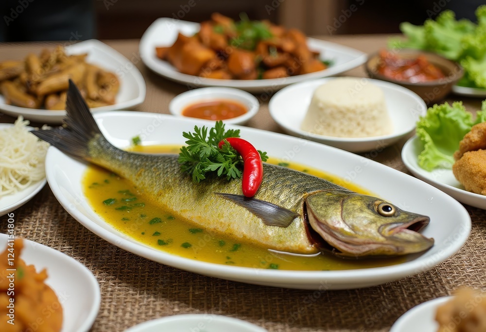 Delicious whole fish dish with a variety of side dishes on a table Delicious whole fish dish with a variety of side dishes on a table