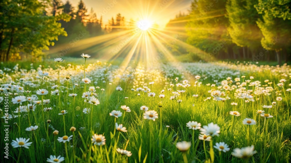 Fototapeta premium Serene Meadow at Sunrise with Beautiful White Flowers and Sunlight