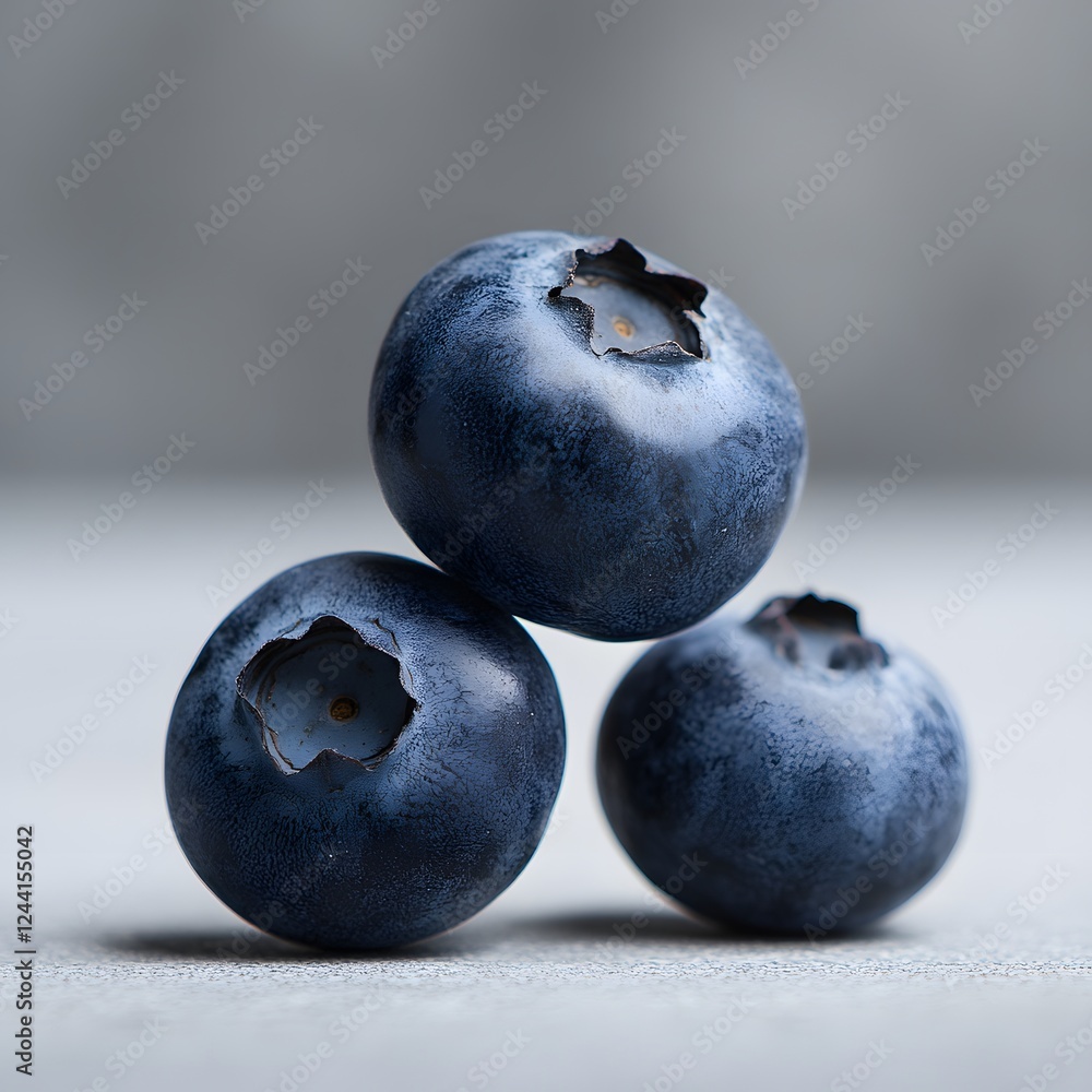 Obraz premium Three blueberries balanced, close-up, grey background, food photography
