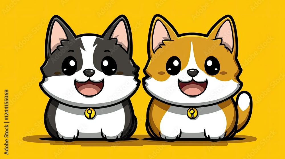 Obraz premium Two Adorable Cartoon Corgis Sitting Together