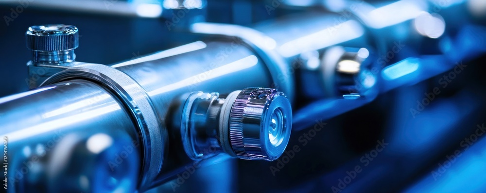 Fototapeta premium Industrial Close-up Polished Pipes & Valves, Factory Background