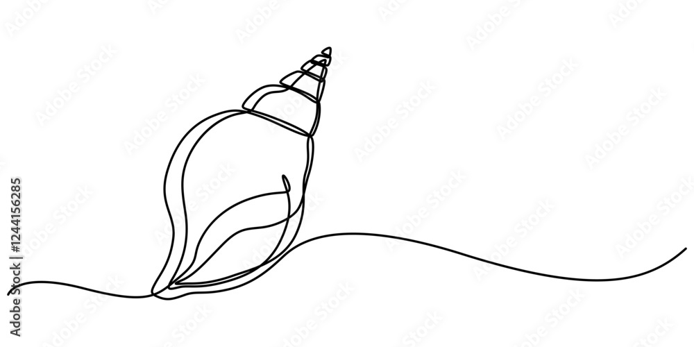 Obraz premium Continuous single line drawing of conch snail shell. Seashell symbol and banner of beauty spa and wellness salon in simple linear style. Vector illustration, Seashell drawing in the form of one pro. 