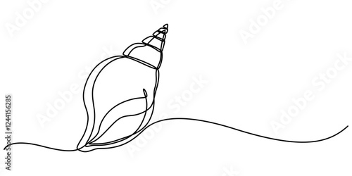 Continuous single line drawing of conch snail shell. Seashell symbol and banner of beauty spa and wellness salon in simple linear style. Vector illustration, Seashell drawing in the form of one pro. 