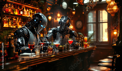 Two humanoid robots sit at a richly decorated bar, tasting colorful cocktails. The cozy atmosphere is enhanced by soft lighting and an array of drinks on display