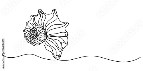 Continuous single line drawing of conch snail shell. Seashell symbol and banner of beauty spa and wellness salon in simple linear style. Vector illustration, Seashell drawing in the form of one pro. 