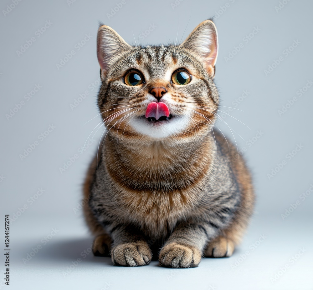 Obraz premium Playful Tabby Cat with Bright Eyes and Pink Tongue Looking Up Against a Simple Gray Background Captured in Close-Up View