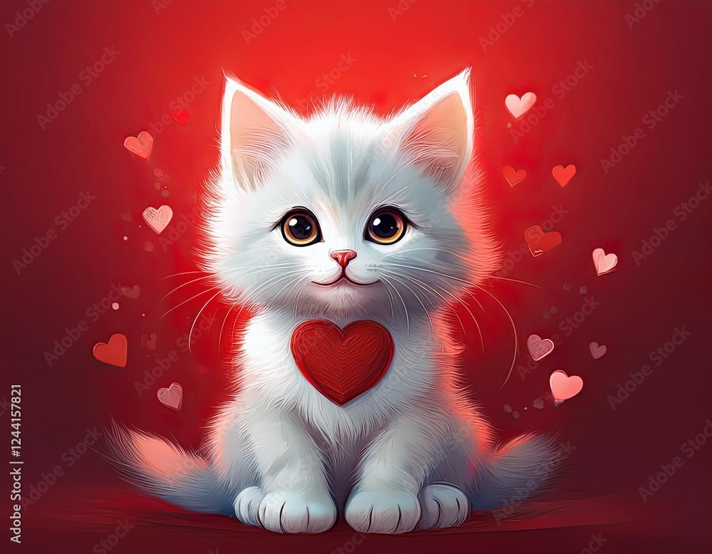 cute white kitten with a heart on its chest is sitting on a red background cute white kitten with a heart on its chest is sitting on a red background