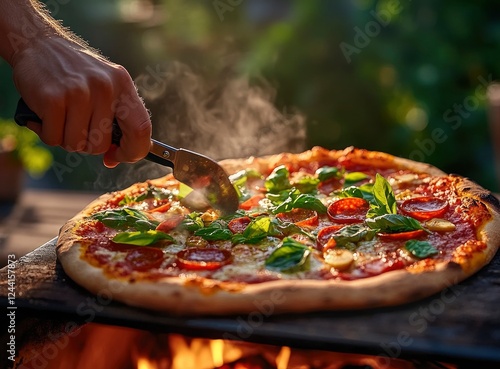 A person taking out the pizza from an oven, using metal tool, close-up of hands and action, vibrant colors on pizza with fresh green leaves,  photo