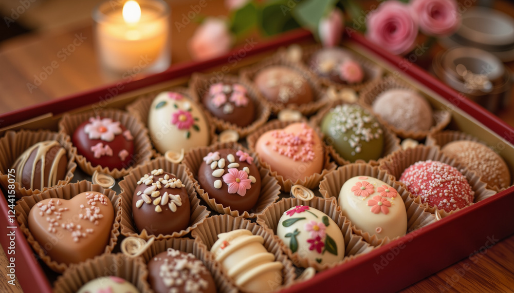 Assorted chocolates in elegant box, evening warmth Assorted chocolates in elegant box, evening warmth