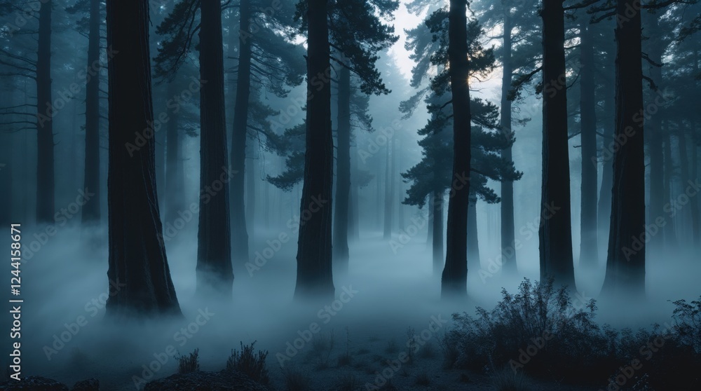 Naklejka premium Enigmatic silhouettes of tall trees stand shrouded in a thick, ethereal fog, creating a mysterious and serene atmosphere in this tranquil forest scene.