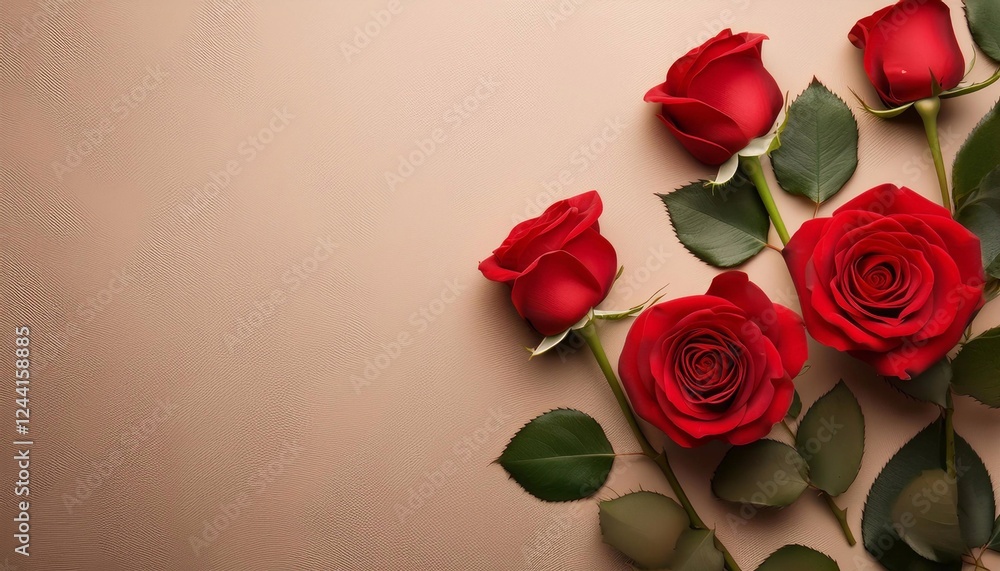 Fototapeta premium red roses on a flat background with space for text, birthday card, March 8, mother's day.