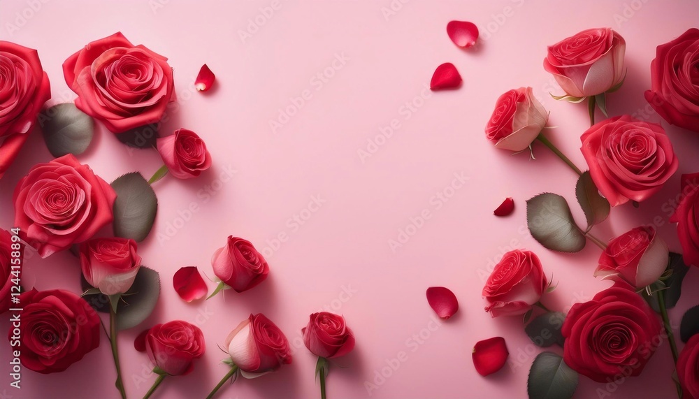 red roses on a flat background with space for text, birthday card, March 8, mother's day.