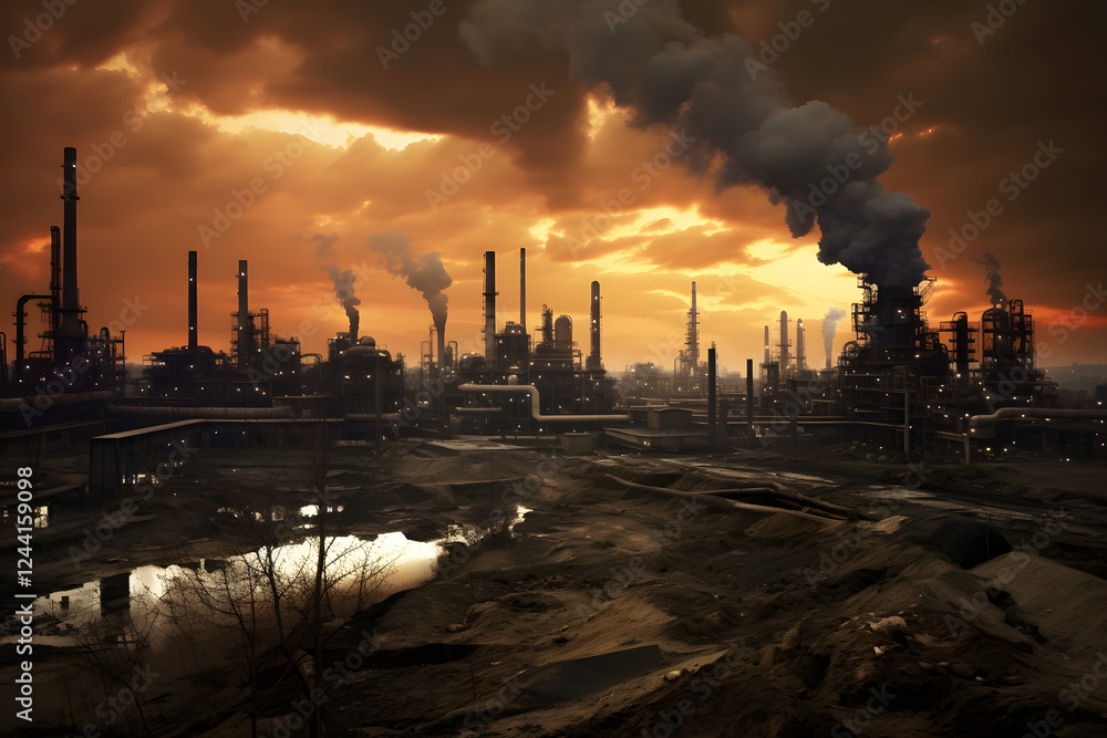 Low angle shot of a factory with smoke and steam coming out of the chimneys captured at sunset Low angle shot of a factory with smoke and steam coming out of the chimneys captured at sunset