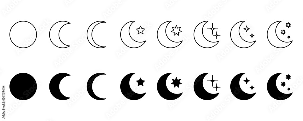 moon icon set collection. various shapes of the moon. line and flat models. month collection. vector illustration moon icon set collection. various shapes of the moon. line and flat models. month collection. vector illustration