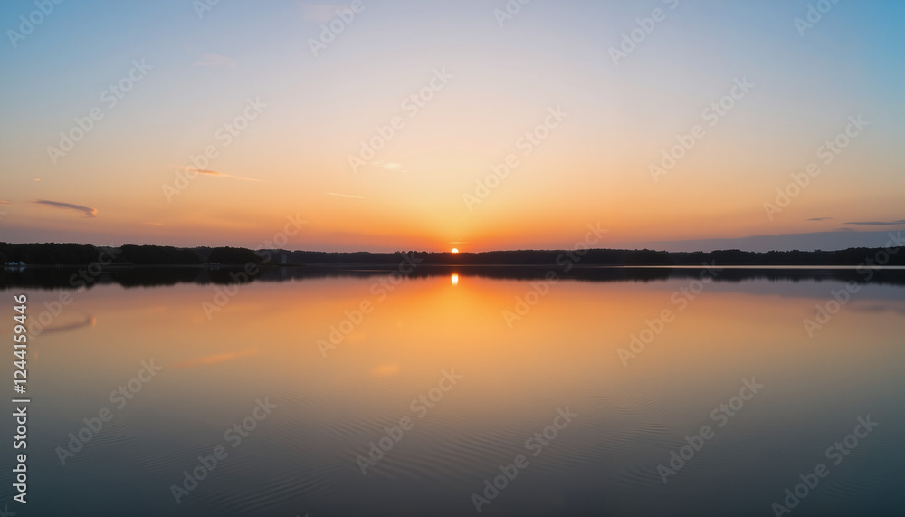 Serene sunset over tranquil lake, nature’s peaceful reflection Serene sunset over tranquil lake, nature’s peaceful reflection