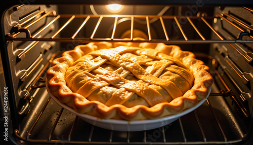 Golden pie crust baking in cozy kitchen oven, celebrating Pi Day photo