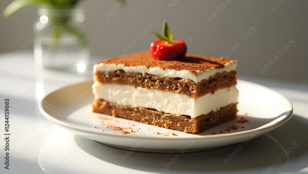 Slice of tiramisu cake on a white plate, perfect for dessert menus, food blogs, Italian cuisine articles, and social media posts. Rich, decadent, delicious dessert presentation Slice of tiramisu cake on a white plate, perfect for dessert menus, food blogs, Italian cuisine articles, and social media posts. Rich, decadent, delicious dessert presentation