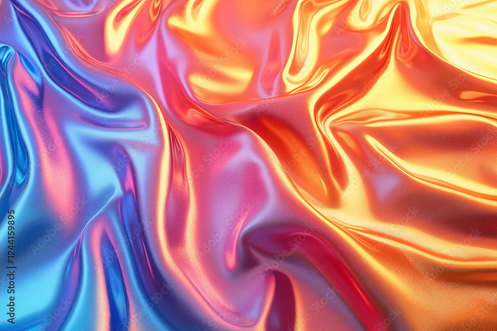 Obraz premium Abstract Iridescent Fabric: A vibrant and textured abstract backdrop featuring flowing folds of iridescent fabric bathed in a captivating spectrum of warm and cool hues.