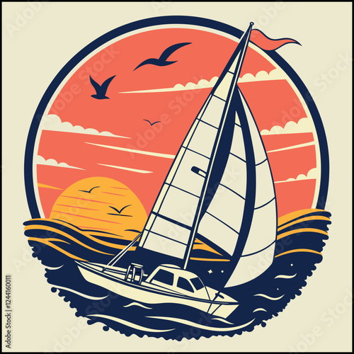 Sunset Sailboat - Vintage Nautical T-Shirt Design