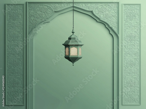 Ornate archway, Mint green wall, Hanging lantern, Vintage light fixture, Minimalist composition, Soft lighting, Textured surface, Architectural detail, Symmetrical design, Muted color palette.