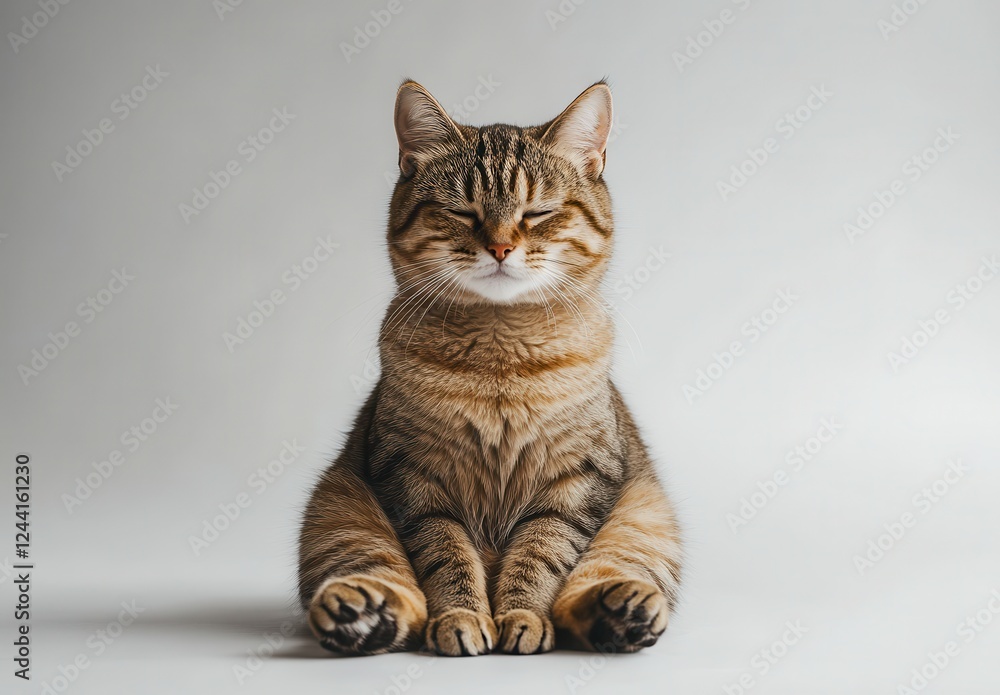 Obraz premium Relaxed Tabby Cat Sitting Comfortably on a Soft Surface with a Calm Expression in a Minimalist Background