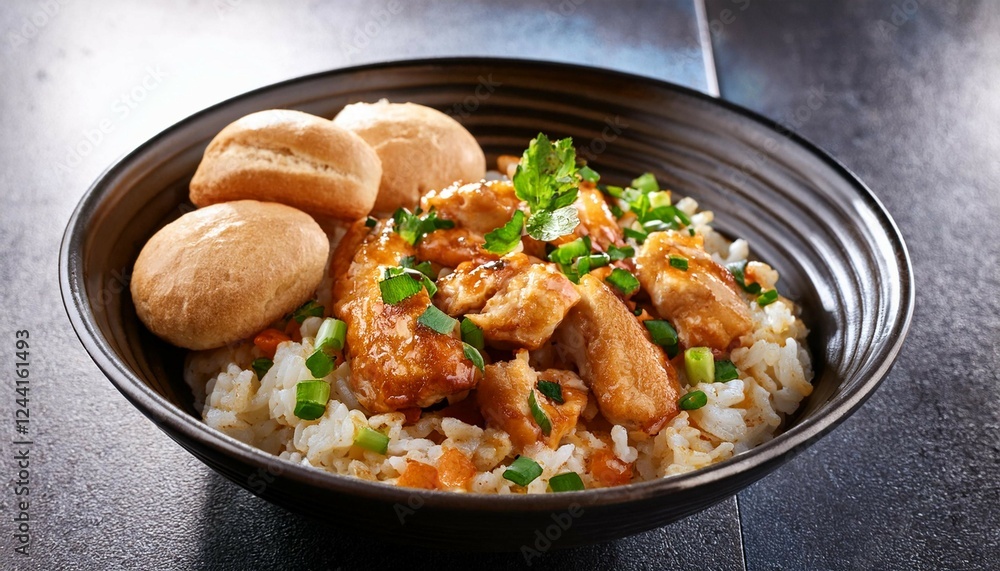 delicious chicken rice bowl with bread rolls
