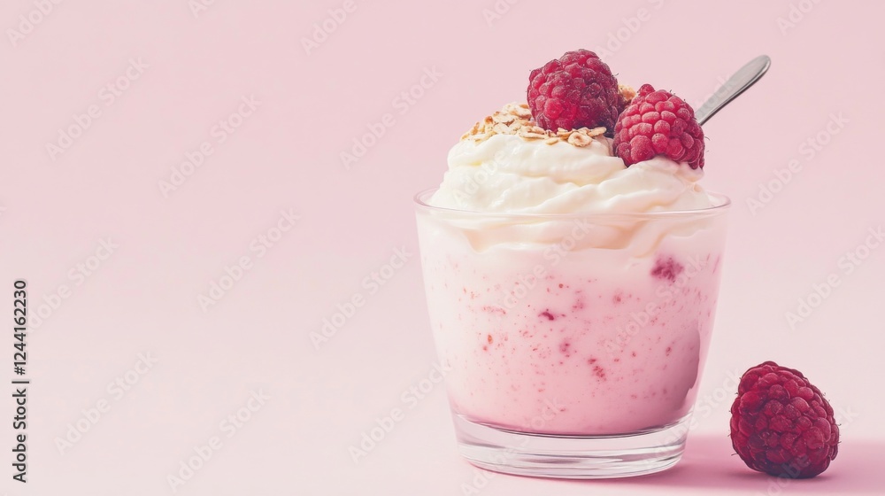 Raspberry yogurt parfait, pink background, healthy breakfast Raspberry yogurt parfait, pink background, healthy breakfast