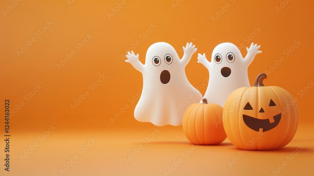Cheerful Halloween: Playful Ghosts and Pumpkins on Orange,Copy Space Cheerful Halloween: Playful Ghosts and Pumpkins on Orange,Copy Space