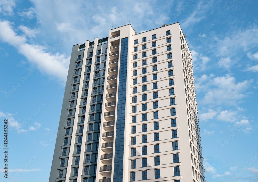 Modern high-rise condominium with sleek facades and windows, contemporary urban architecture in a vibrant city district, luxury residential real estate under a sunny sky. Modern high-rise condominium with sleek facades and windows, contemporary urban architecture in a vibrant city district, luxury residential real estate under a sunny sky.