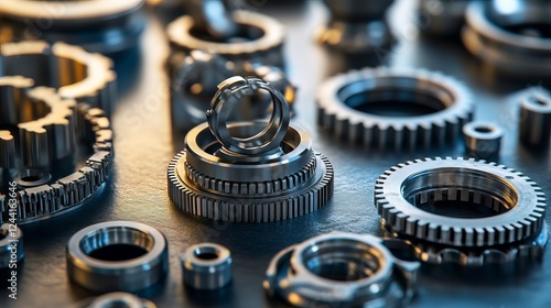 Various types of bearings displayed on a metal surface, showcasing essential components of mechanical systems photo