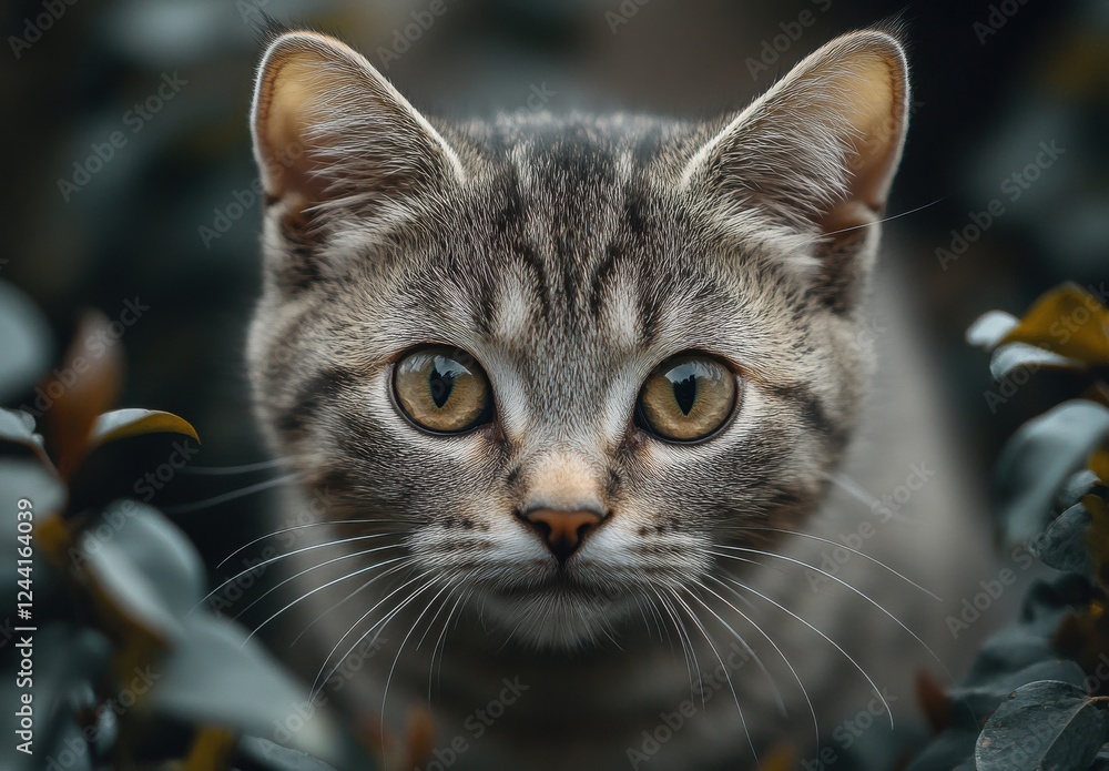 Striking Close-Up of a Curious Tabby Cat with Green Eyes Among Lush Greenery Surrounded by Leaves in a Tranquil Outdoor Setting Striking Close-Up of a Curious Tabby Cat with Green Eyes Among Lush Greenery Surrounded by Leaves in a Tranquil Outdoor Setting