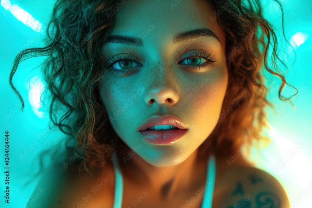 Naklejka premium Pretty mixed race woman captures a close-up selfie in vibrant nighttime lighting, showcasing her natural beauty and charming expression