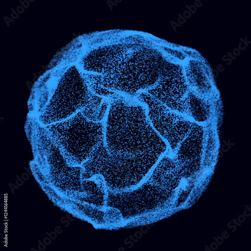 Abstract sound sphere in the shape of ball. Mesh wavy structure with flying blue debris. Modern futuristic backdrop. 3d rendering.