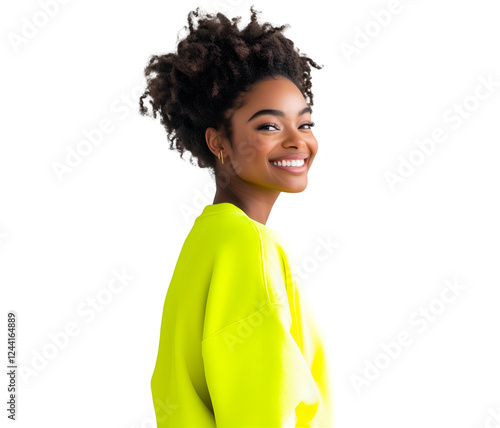 Smiling young woman with afro hair in a neon yellow sweatshirt, a portrait showcasing confidence, beauty, and individuality with a modern vibe, cutout, isolated on white background