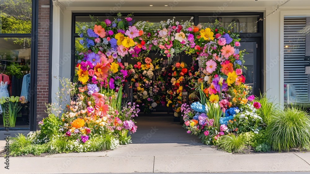 Naklejka premium Vibrant Floral Archway Display at Boutique Store Entrance in Spring