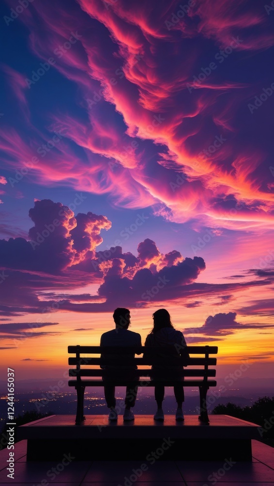 Fototapeta premium Two silhouettes sit on a bench, facing the horizon. They enjoy the view with their backs to the camera. 