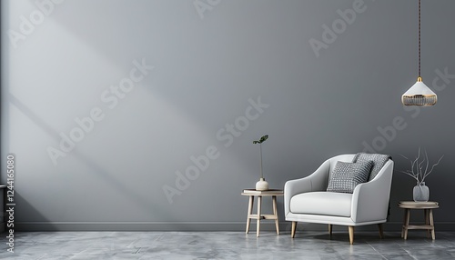 Wallpaper Mural Gray living room with armchair, side table, hanging lamp, and blank wall. Modern and minimalist design. Torontodigital.ca