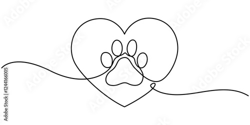 Pet Animal paw footprint in heart love concept, Dog and cat paw hearts drawn in one continuous line. Dog paw prints in a heart frame in a simple linear style. Concept of love for animals. Single line.