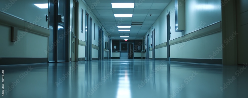 Fototapeta premium Empty hospital corridor at night; calm background; healthcare