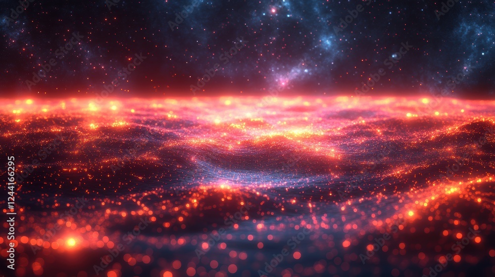 Obraz premium A cosmic landscape with glowing particles and a starry background.