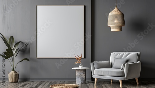 Wallpaper Mural Gray living room with armchair, side table, hanging lamp, and blank wall. Modern and elegant. Torontodigital.ca
