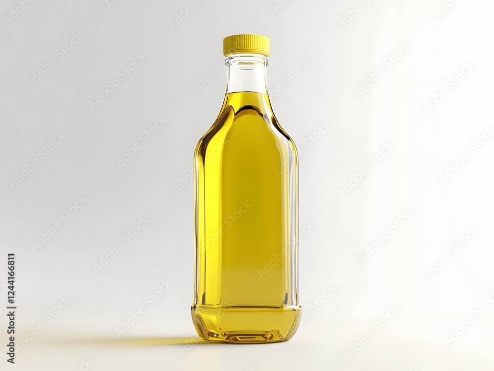 Transparent Glass Bottle of Golden Cooking Oil on Clean White Background Transparent Glass Bottle of Golden Cooking Oil on Clean White Background