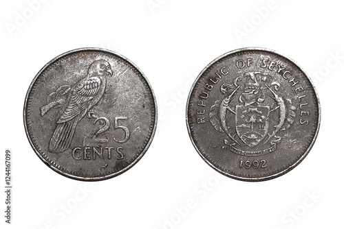 25 Cents coin 1992. Coin of Seychelles. Coin 25 Cents 1992 Obverse and Reverse on white background. Arms of Seychelles with supporters and the country name above along with the date at the bottom