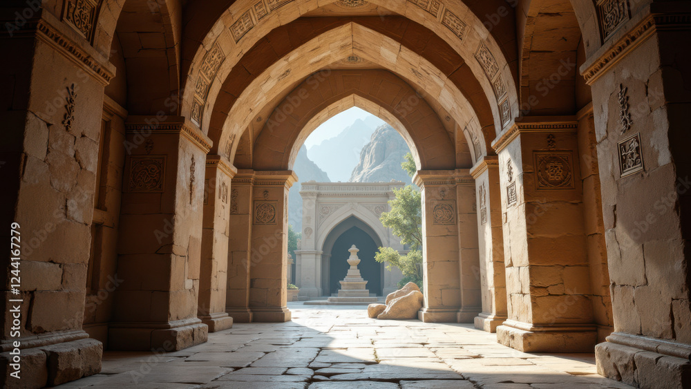Naklejka premium Ancient mosque interior with sunlight streaming through arched doorways.