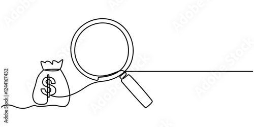 Money bag with magnifying glass continuous one line drawing, Magnifying Glass Halftone Line Icon with editable stroke, Magnifying glass with Dollar sign. Icon on colorful button. 