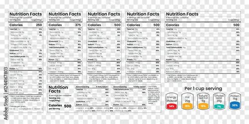 Nutrition facts Label. Vector. Food information with daily value. Data table ingredients calorie, fat, sugar. Package template. Flat illustration isolated on transparent background. Layout design